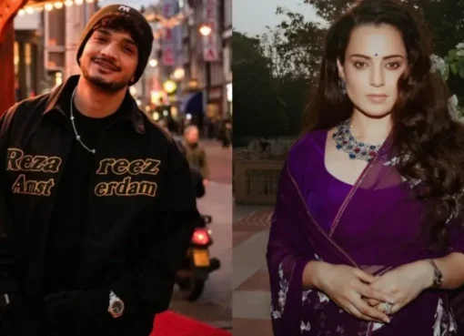 Split image showing Munawar Faruqui looking surprised and Kangana Ranaut speaking into a microphone, representing today's top entertainment news.
