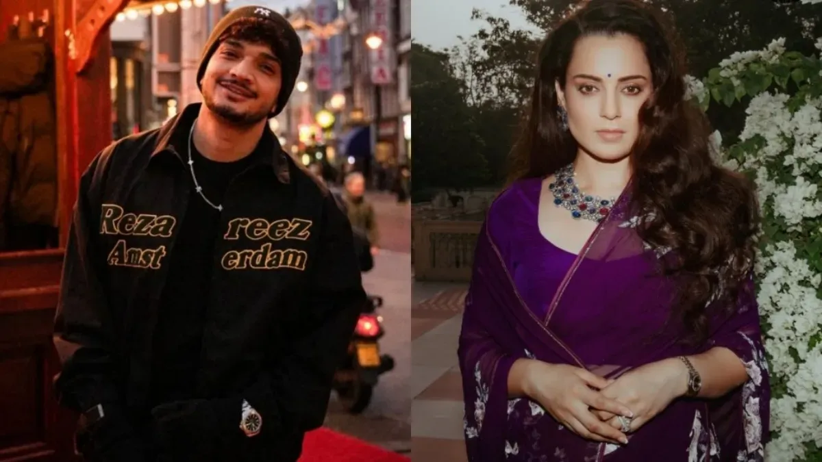Split image showing Munawar Faruqui looking surprised and Kangana Ranaut speaking into a microphone, representing today's top entertainment news.
