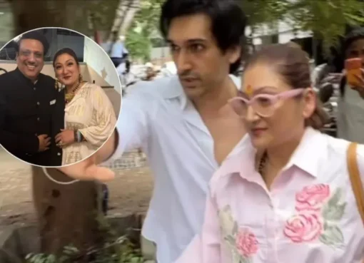 Sunita Ahuja and her son Yashvardhan leaving a court building.