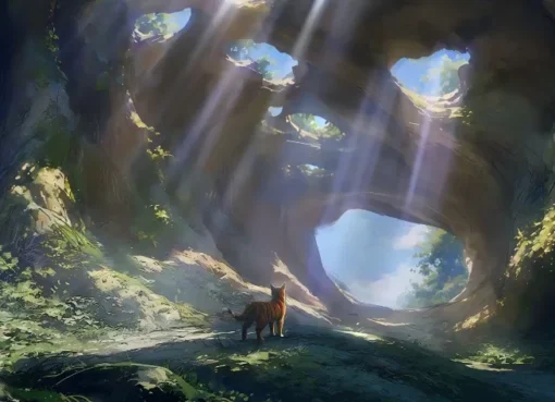 An animated scene of a group of wild cats in a forest, looking ready for an adventure.