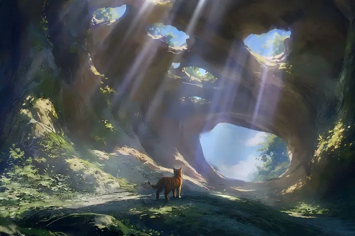 An animated scene of a group of wild cats in a forest, looking ready for an adventure.