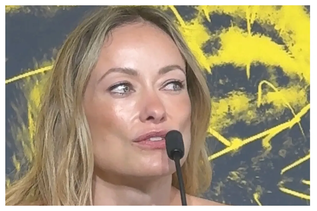 Olivia Wilde smiling and looking thoughtful on a red carpet.