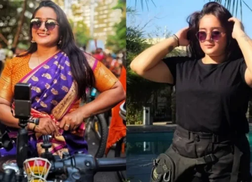 A young woman, Riddhi Thakkar, smiling, possibly next to a motorcycle or in a travel setting.