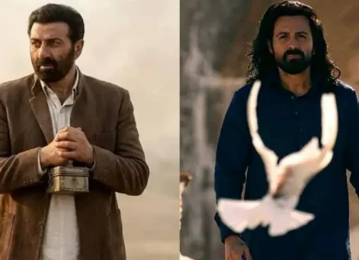 Emraan Hashmi smiling confidently with a bright film poster, while a slightly faded poster for Sunny Deol's film is in the background.