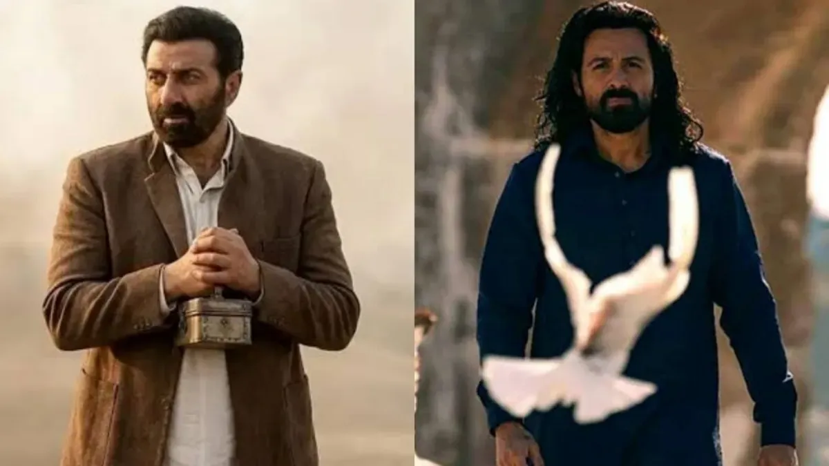 Emraan Hashmi smiling confidently with a bright film poster, while a slightly faded poster for Sunny Deol's film is in the background.