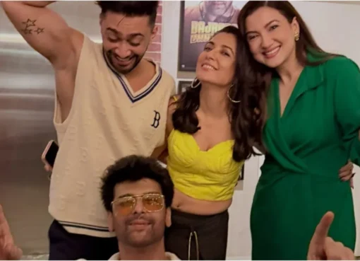 Gauahar Khan, Zaid Darbar, and Kushal Tandon smiling at Mini Mathur's party.