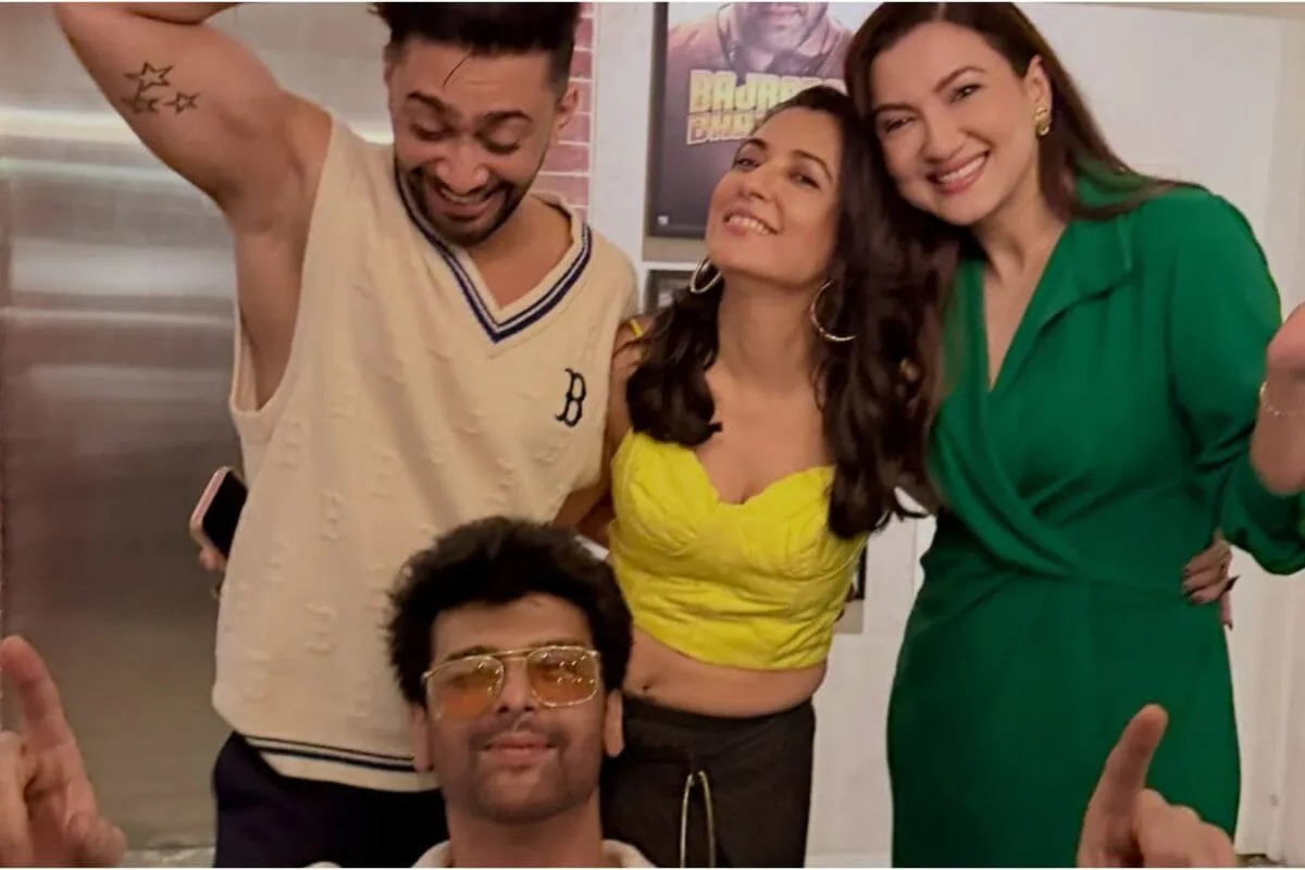 Gauahar Khan, Zaid Darbar, and Kushal Tandon smiling at Mini Mathur's party.