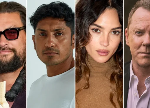 A collage of actors: Jason Momoa, Tenoch Huerta, Adria Arjona, and Kiefer Sutherland.