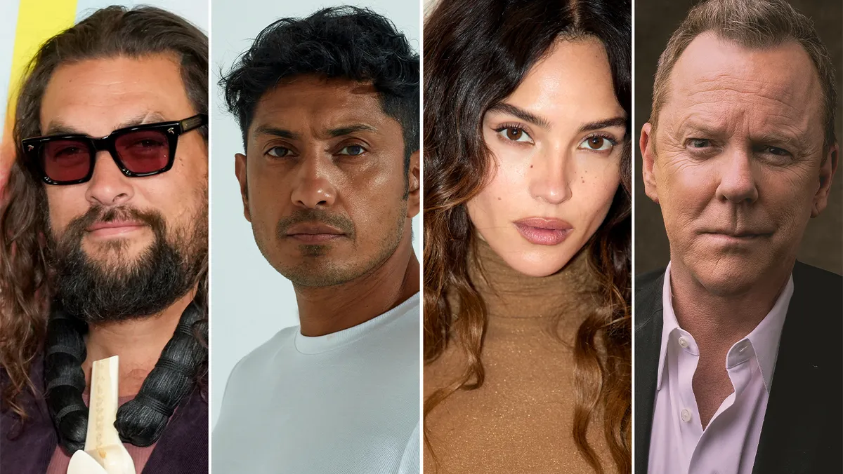 A collage of actors: Jason Momoa, Tenoch Huerta, Adria Arjona, and Kiefer Sutherland.