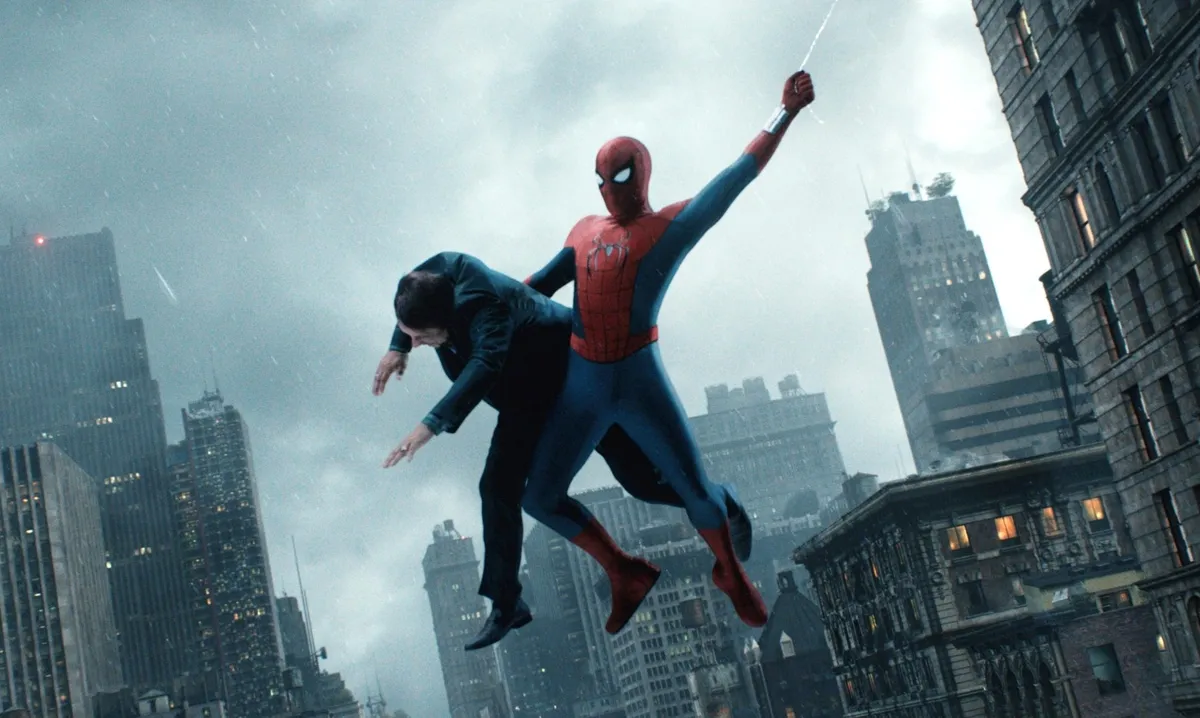 Spider-Man swinging through a city.