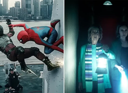 Spider-Man swinging over a city skyline with his red and blue suit popping.