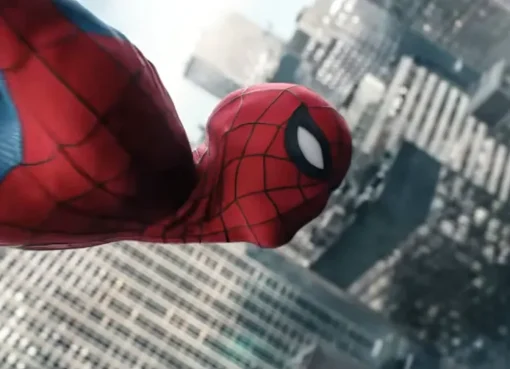 Spider-Man swinging dynamically through a vibrant city skyline, showcasing his iconic red and blue suit.