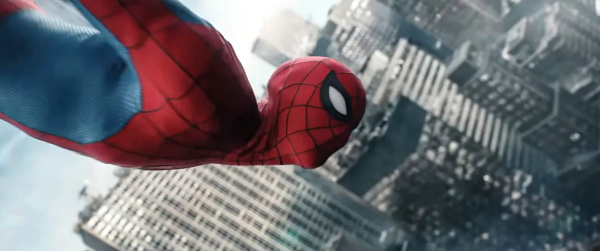 Spider-Man swinging dynamically through a vibrant city skyline, showcasing his iconic red and blue suit.
