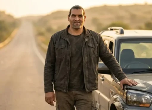 The Great Khali, looking calm and unharmed, stands after a car incident.
