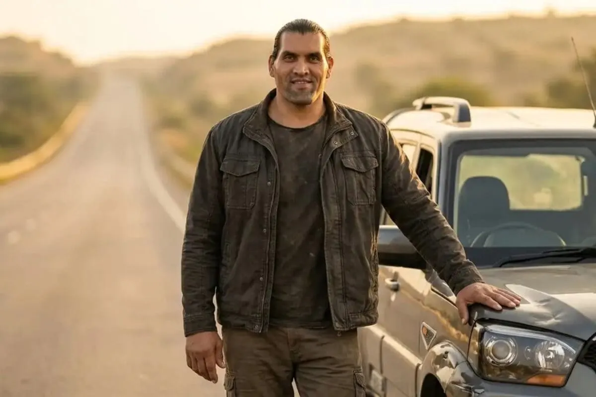 The Great Khali, looking calm and unharmed, stands after a car incident.