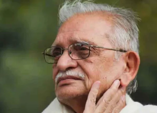 A collage of Gulzar's iconic work, showing different stages of his career.