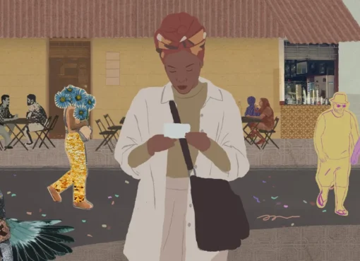 Promotional image for 'Ana, en Passant' featuring animated visuals and Zezé Motta.