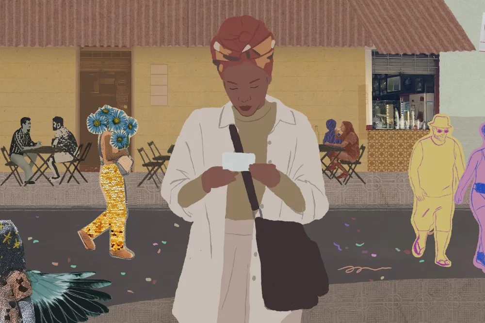 Promotional image for 'Ana, en Passant' featuring animated visuals and Zezé Motta.