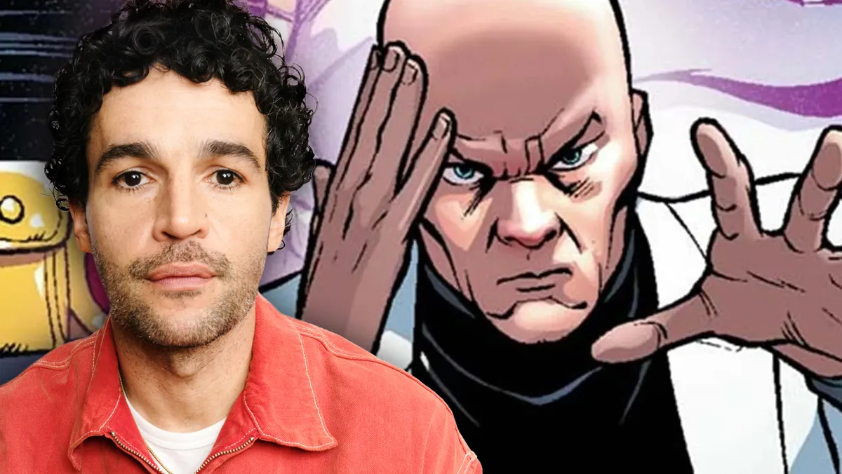 Composite image of Christopher Abbott and Adam Driver with X-Men logos