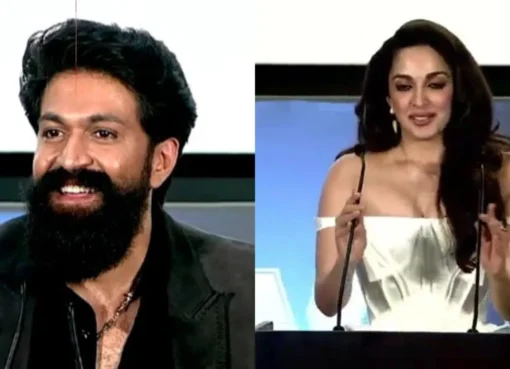 Yash and Kiara Advani smiling at a press event, possibly for 'Toxic'.
