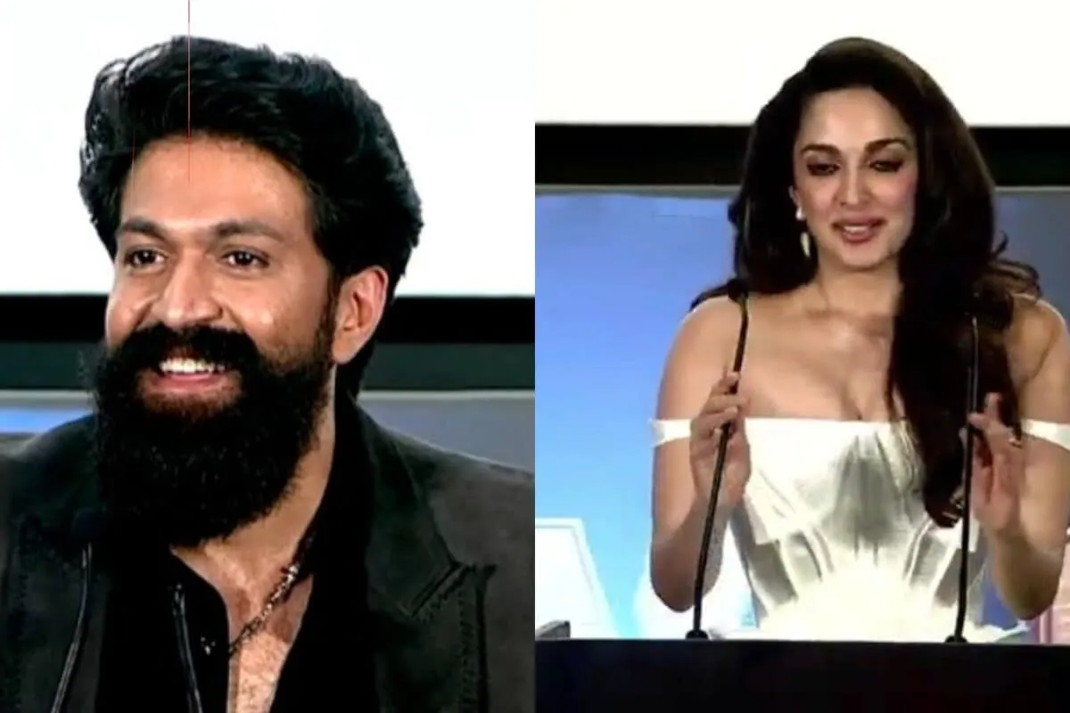 Yash and Kiara Advani smiling at a press event, possibly for 'Toxic'.