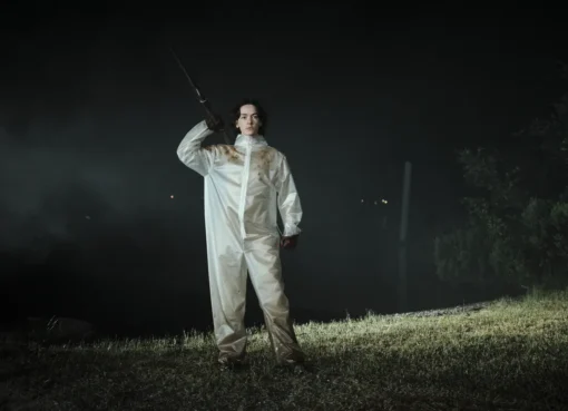 Jack Haven as Little Death in 'Teenage Sex and Death at Camp Miasma' during a chaotic, bloody massacre scene.