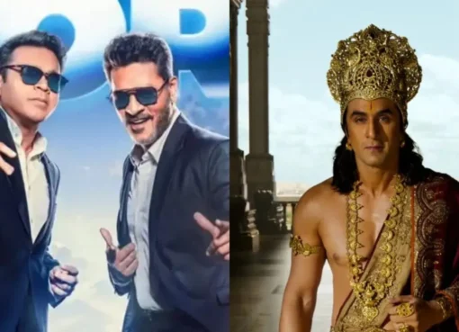 A split image showing AR Rahman and Ranbir Kapoor looking intense.