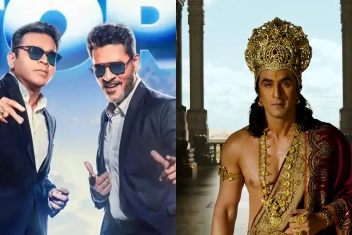 A split image showing AR Rahman and Ranbir Kapoor looking intense.