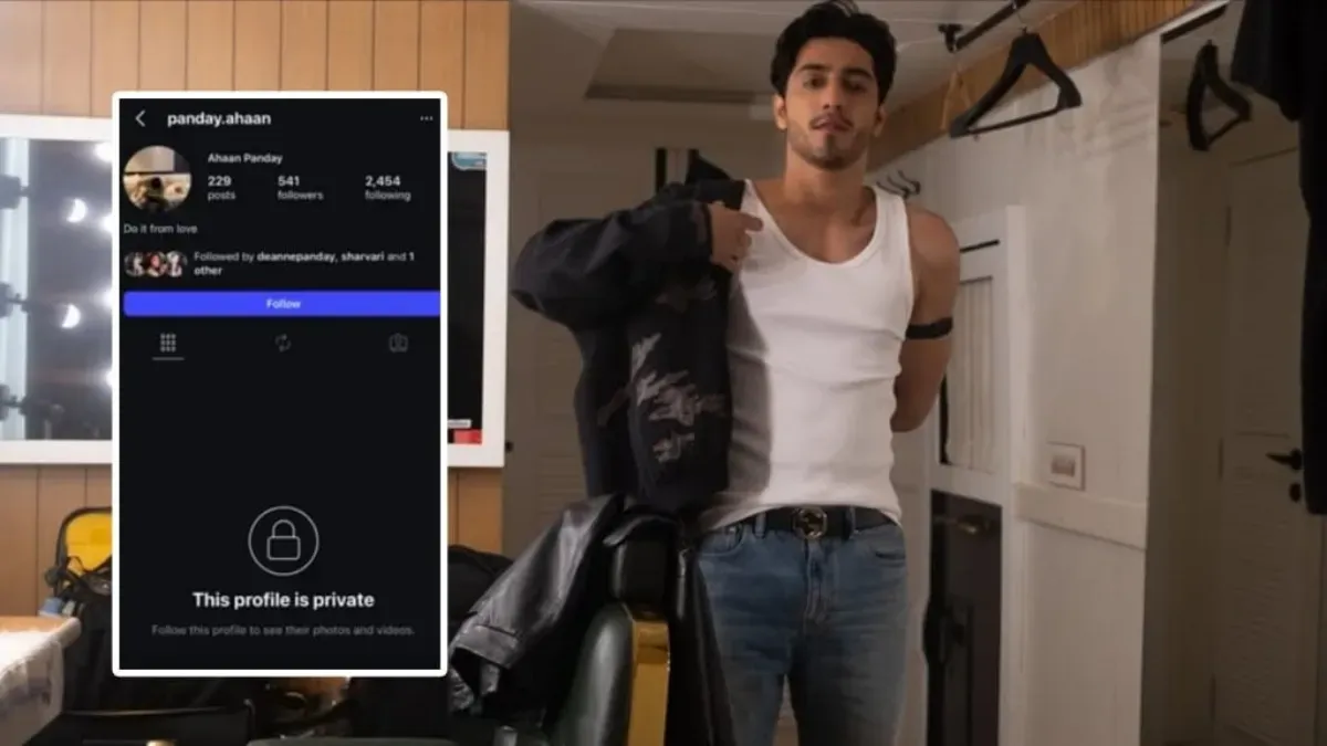 Ahaan Panday looking thoughtful, next to a phone screen showing a blurred Instagram profile.