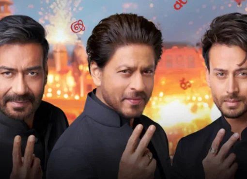 Shah Rukh Khan, Ajay Devgn, and Tiger Shroff in a Vimal Elaichi advertisement.