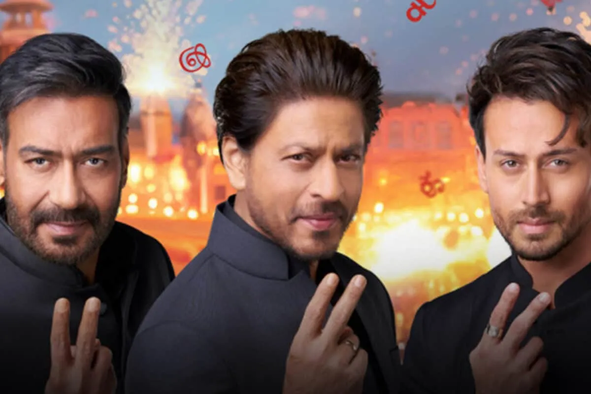 Shah Rukh Khan, Ajay Devgn, and Tiger Shroff in a Vimal Elaichi advertisement.