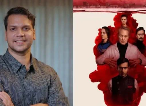 A film poster for 'The Bombay Blood' with Indian and German flags subtly integrated.