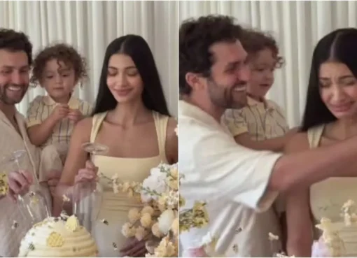 Alanna Panday, Ivor McCray, and River cut into a cake for a gender reveal.