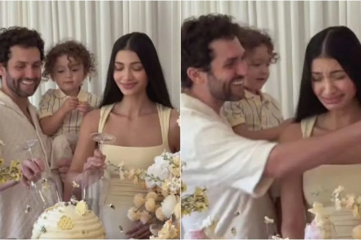 Alanna Panday, Ivor McCray, and River cut into a cake for a gender reveal.