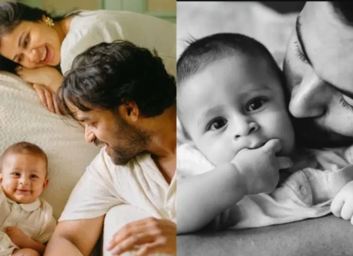 Varun Tej, Lavanya Tripathi, and their son Vaayuv smiling for a family photo.