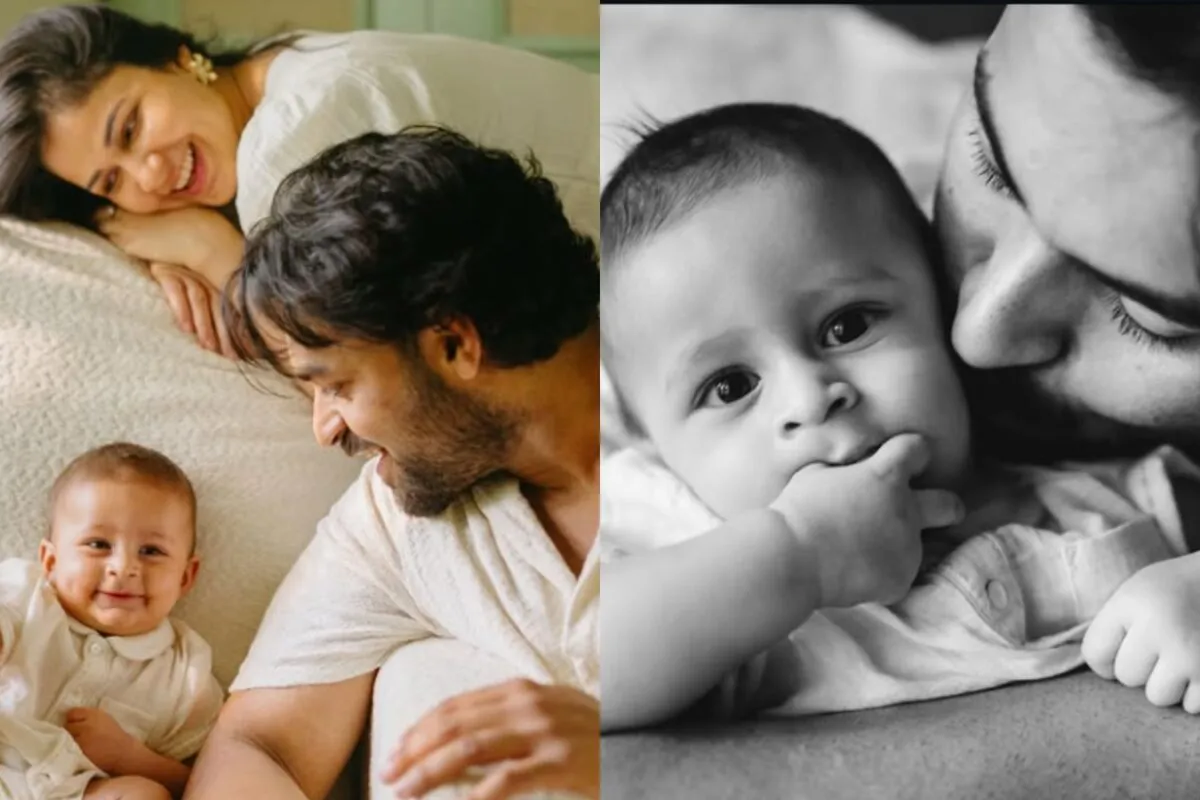 Varun Tej, Lavanya Tripathi, and their son Vaayuv smiling for a family photo.