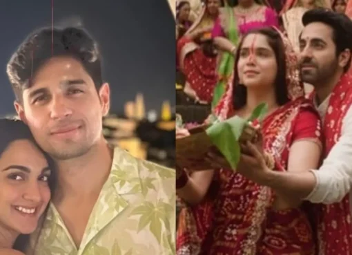 Sidharth Malhotra and Kiara Advani smiling together, with Ayushmann Khurrana in the background.