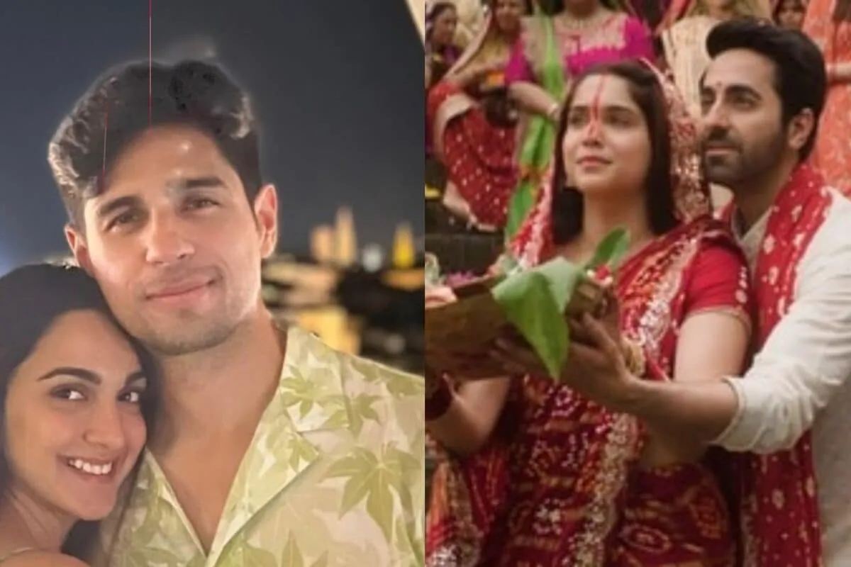Sidharth Malhotra and Kiara Advani smiling together, with Ayushmann Khurrana in the background.