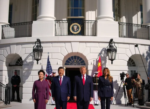 President Trump and President Xi Jinping shaking hands in front of the White House.