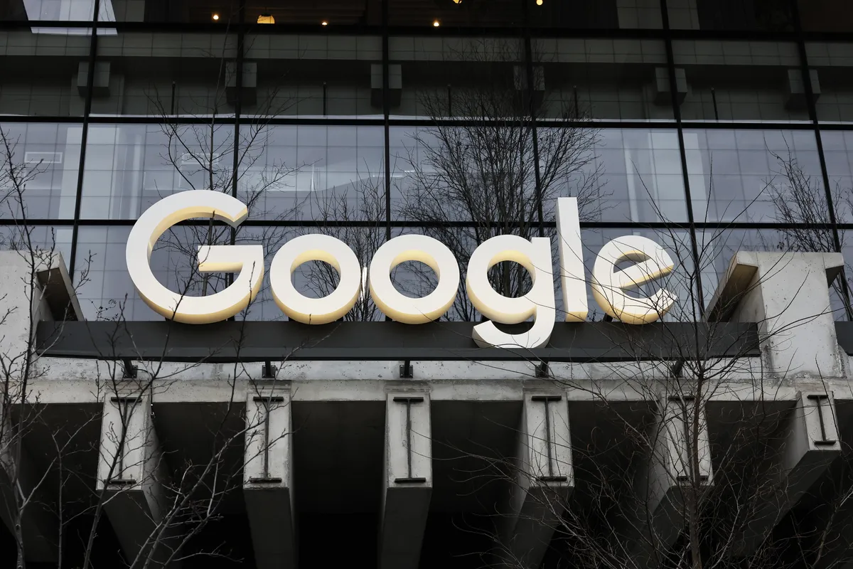 A graphic of the Google logo with legal scales.