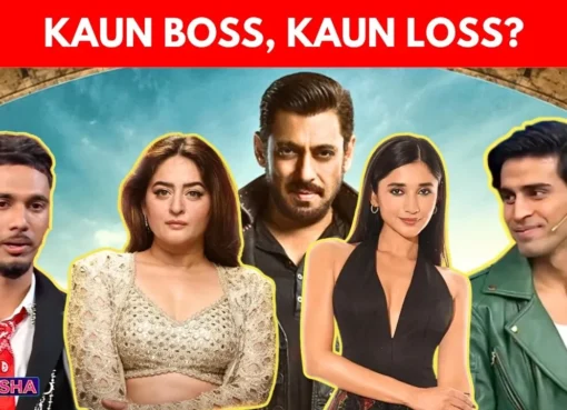 A group of diverse contestants in the colorful Bigg Boss house, some looking happy, some serious, during the first week of the show.