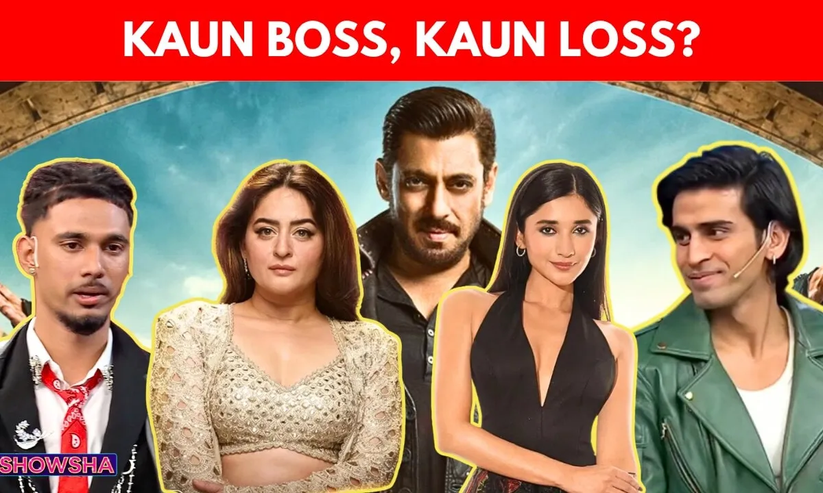A group of diverse contestants in the colorful Bigg Boss house, some looking happy, some serious, during the first week of the show.