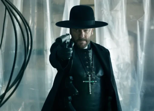 Kiefer Sutherland in character as Father Joe, looking determined with an intense expression.