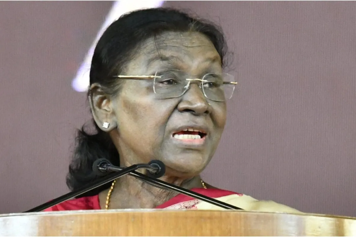 President Droupadi Murmu speaking at an awards ceremony.