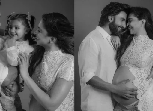 Deepika Padukone, pregnant, hugging her daughter Dua while Ranveer Singh cradles Deepika's baby bump.