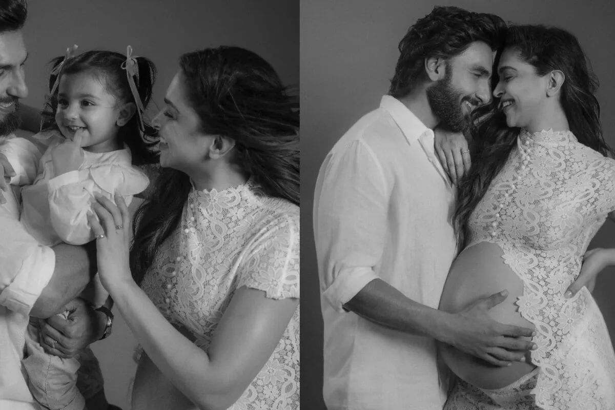 Deepika Padukone, pregnant, hugging her daughter Dua while Ranveer Singh cradles Deepika's baby bump.