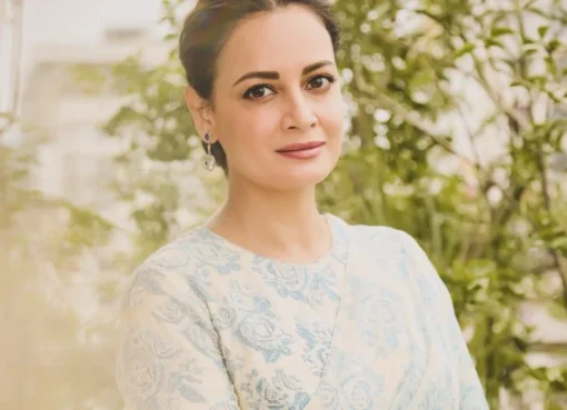 A serious portrait of actress Dia Mirza looking thoughtful.