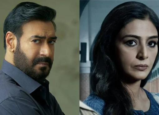 Ajay Devgn and Tabu in a serious moment from the Drishyam film series, with a suspenseful visual style.