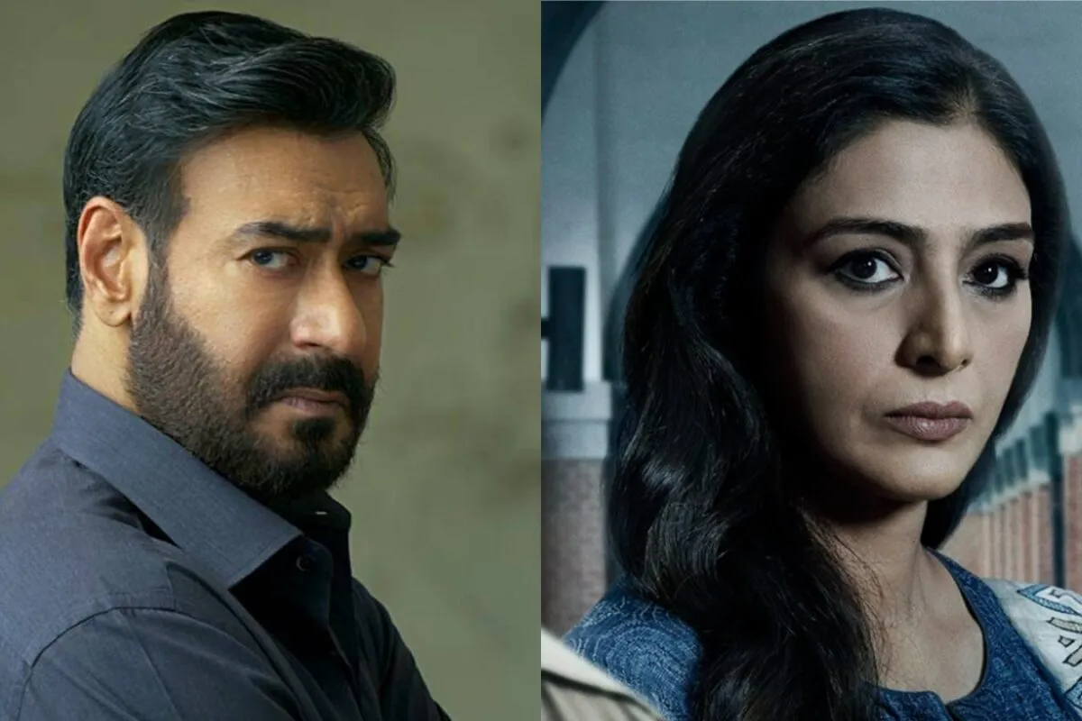 Ajay Devgn and Tabu in a serious moment from the Drishyam film series, with a suspenseful visual style.