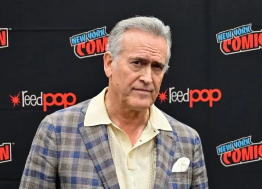 Bruce Campbell looking serious and determined.